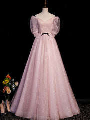 Party Dress Silk, Pink A Line Puffy Sleeves Tulle Long Prom Dress, Pink Sweet 16 Dress