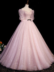 Party Dress Dames, Pink A Line Puffy Sleeves Tulle Long Prom Dress, Pink Sweet 16 Dress