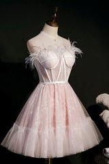 Festival Outfit, Pink A-Line Tulle Short Prom Dress with Feather, Pink Strapless Party Dress