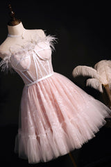 Homecoming Dresses For Kids, Pink A-Line Tulle Short Prom Dress with Feather, Pink Strapless Party Dress