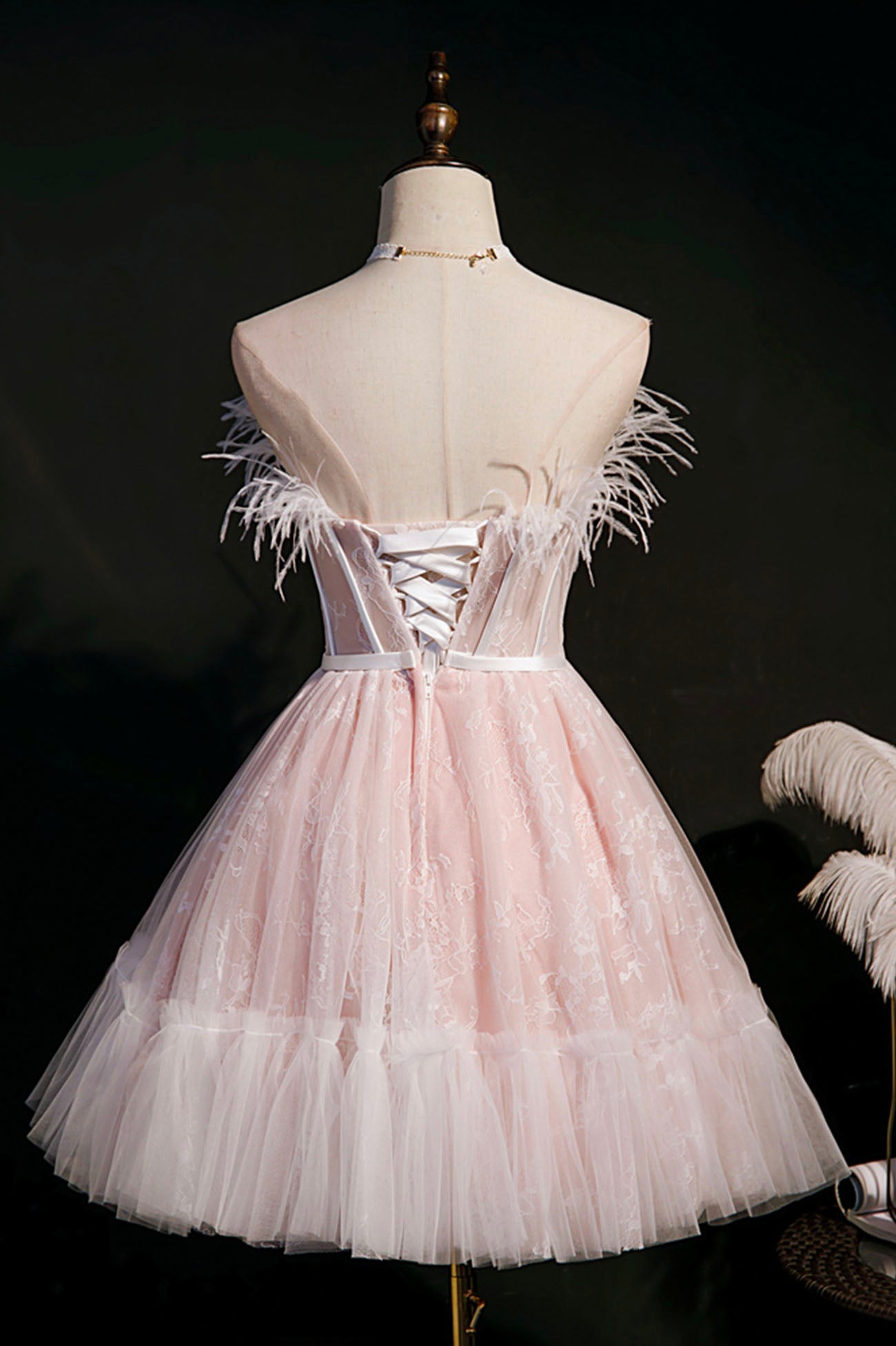 Homecoming Dress Green, Pink A-Line Tulle Short Prom Dress with Feather, Pink Strapless Party Dress