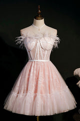 Homecoming Dresses Floral, Pink A-Line Tulle Short Prom Dress with Feather, Pink Strapless Party Dress