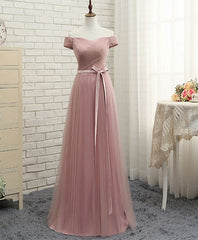 Prom Dress Black Girl, Pink A LineTulle Off Shoulder Long Prom Dress, Evening Dress