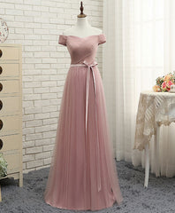 Prom Dresses Yellow, Pink A LineTulle Off Shoulder Long Prom Dress, Evening Dress