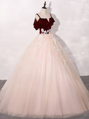 Party Dress Codes, Pink/Burgundy Tulle Long Prom Dresses, A-Line Formal Sweet 16 Dress with Lace