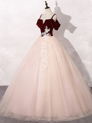 Party Dresses Designer, Pink/Burgundy Tulle Long Prom Dresses, A-Line Formal Sweet 16 Dress with Lace