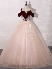Party Dress Summer, Pink/Burgundy Tulle Long Prom Dresses, A-Line Formal Sweet 16 Dress with Lace