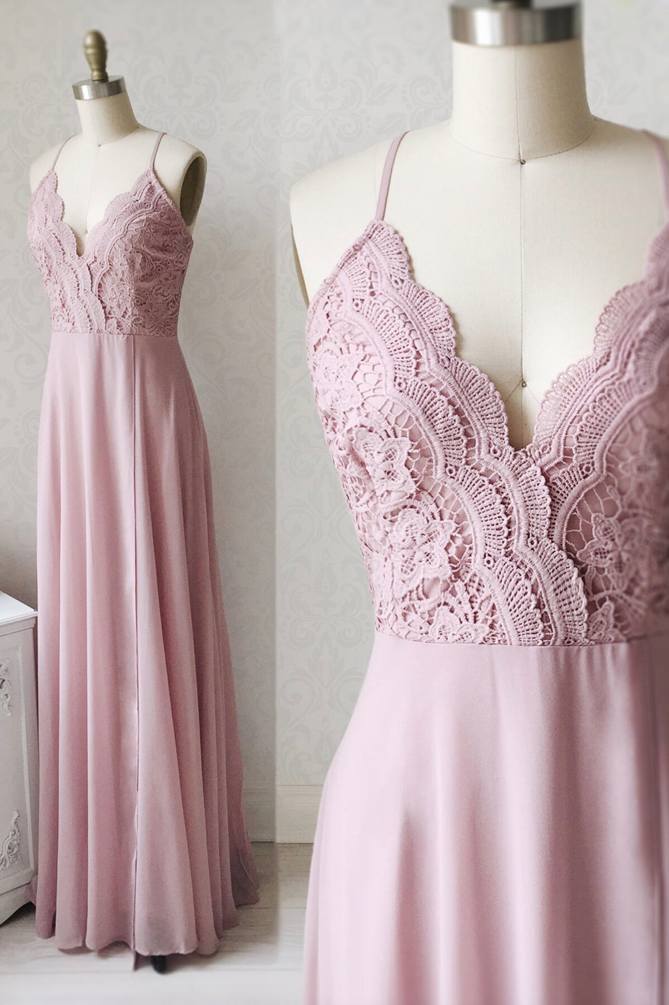 Bridesmaid Dress Style Long, Pink Chiffon Lace Long A-Line Prom Dress, Pink V-Neck Evening Dress