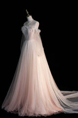 Prom Dresses For Girl, Pink Gradient Tulle Long A-Line Prom Dress, Long Sleeve Evening Party Dress