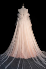 Prom Dress Stores, Pink Gradient Tulle Long A-Line Prom Dress, Long Sleeve Evening Party Dress