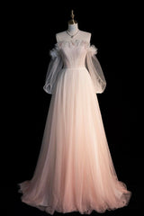 Prom Dresses For Girls, Pink Gradient Tulle Long A-Line Prom Dress, Long Sleeve Evening Party Dress