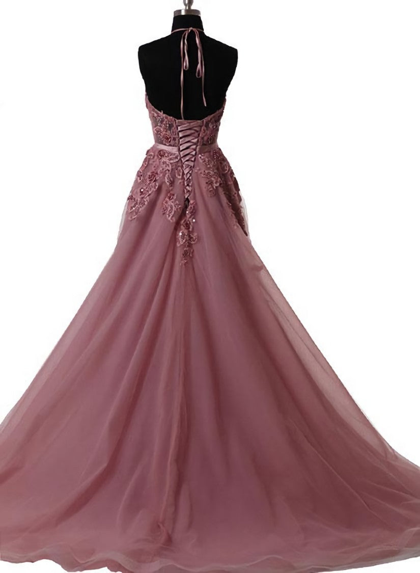 Bridesmaid Dress Designs, Pink Halter  Lace-up Long Formal Gown, Pink Party Dresses