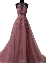 Bridesmaids Dress Designs, Pink Halter  Lace-up Long Formal Gown, Pink Party Dresses