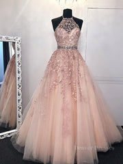 Prom Dresses Blushes, Pink Halter Neck Lace Prom Dresses, Pink Halter Neck Long Lace Formal Evening Dresses