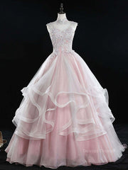 Prom Dress Store, Pink high neck tulle lace long prom dress, pink sweet 16 dress