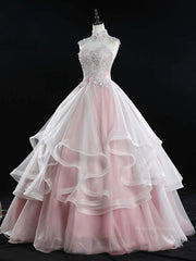 Prom Dresses Store, Pink high neck tulle lace long prom dress, pink sweet 16 dress