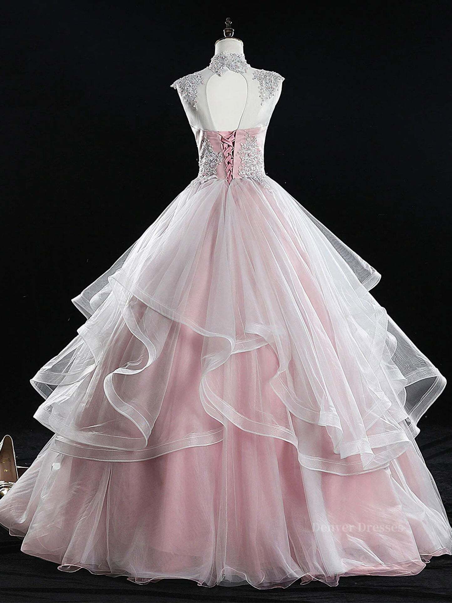 Prom Dressed Long, Pink high neck tulle lace long prom dress, pink sweet 16 dress