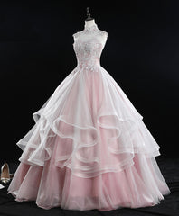 Bridesmaid Dress Website, Pink High Neck Tulle Lace Long Sweet 16 Dress Tulle Lace Pink Prom Dress