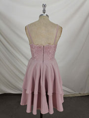 Cocktail Dress, Pink Lace Satin Lace Short Prom Dress, Pink Homecoming Dresses