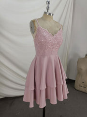 Ball Gown, Pink Lace Satin Lace Short Prom Dress, Pink Homecoming Dresses