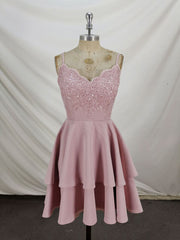 Graduation Outfit Ideas, Pink Lace Satin Lace Short Prom Dress, Pink Homecoming Dresses