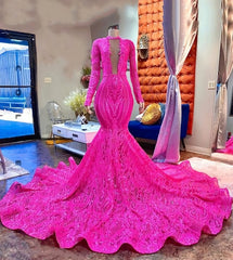 Homecoming Dresses Elegant, Pink Lace Sexy Fitted Mermaid Style Long Sleeve High Neck African Black Girls Long Prom Dresses