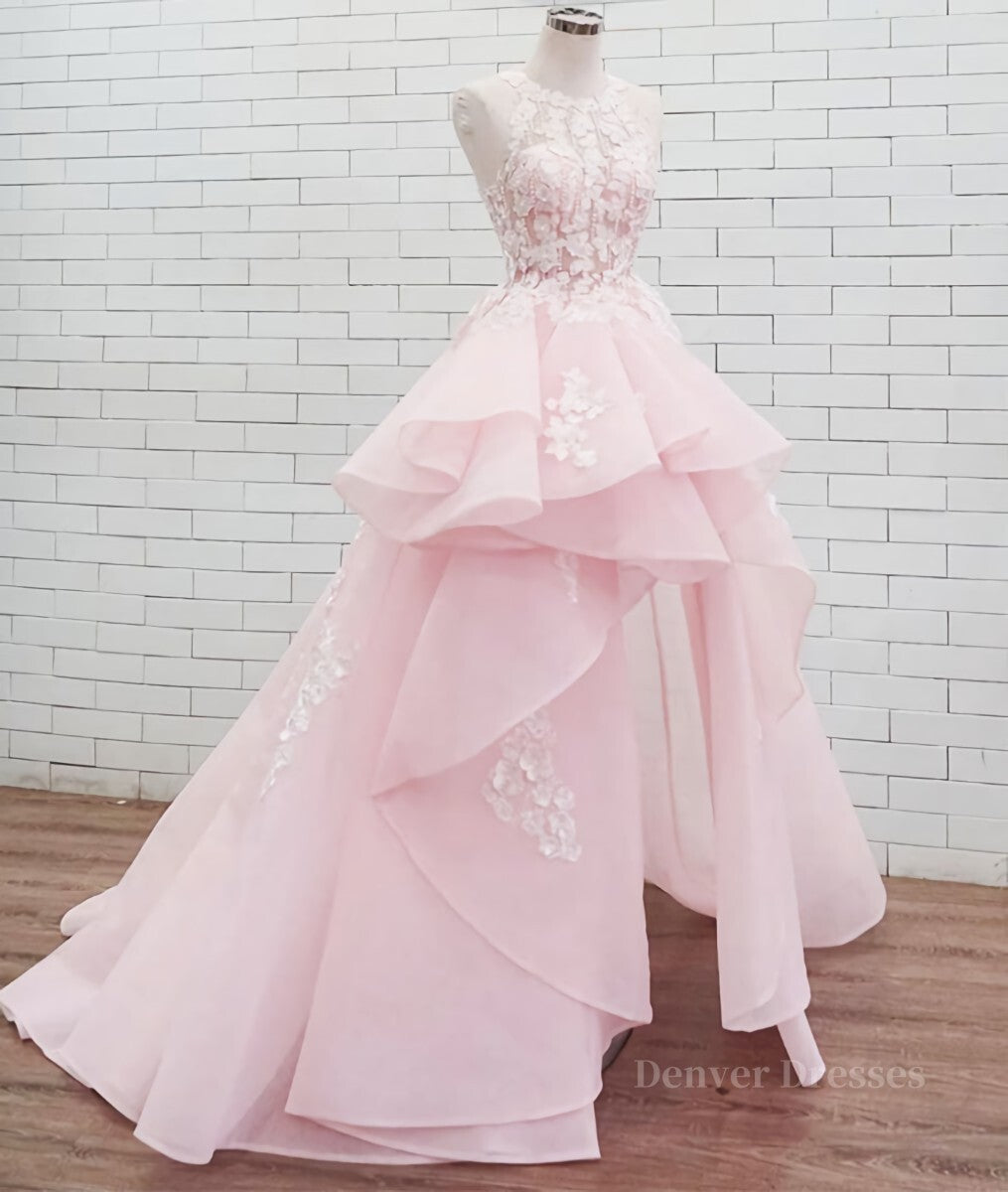 Prom Dresses Elegent, PinK lace tulle long prom dress, pink tulle evening dress