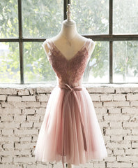 Summer Wedding Color, Pink Lace Tulle Short Prom Dress, Homecoming Dress