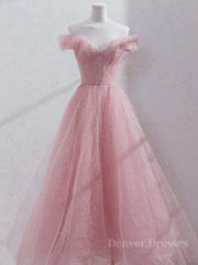 Prom Dresses 2054 Cheap, Pink off shoulder tulle sequin long prom dress, pink formal dress