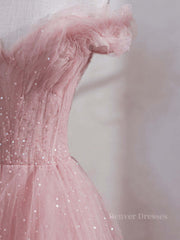 Prom Dresses Princess Style, Pink off shoulder tulle sequin long prom dress, pink formal dress