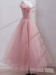 Prom Dresses With Sleeve, Pink off shoulder tulle sequin long prom dress, pink formal dress