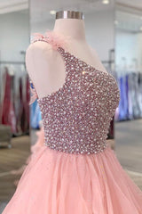 Evening Dress Sleeve, Pink One Shoulder Beaded Prom Dress, Pink Tulle Layers Evening Gown