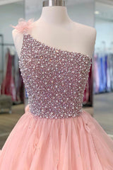 Evening Dress Sleeves, Pink One Shoulder Beaded Prom Dress, Pink Tulle Layers Evening Gown