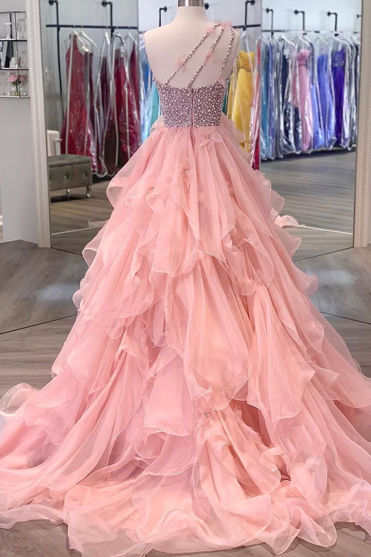 Evening Dress Open Back, Pink One Shoulder Beaded Prom Dress, Pink Tulle Layers Evening Gown