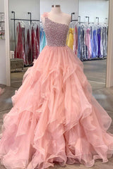 Evening Dress Red, Pink One Shoulder Beaded Prom Dress, Pink Tulle Layers Evening Gown