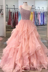 Prom Dress Ideas, Pink one shoulder beads long prom dress pink evening dress