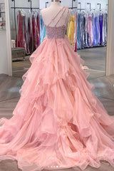 Prom Dress Blue, Pink one shoulder beads long prom dress pink evening dress