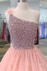 Night Dress, Pink one shoulder beads long prom dress pink evening dress