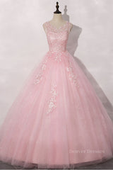 Long Gown, Pink round neck tulle lace long prom dress pink tulle formal dress