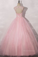 123 Prom Dress, Pink round neck tulle lace long prom dress pink tulle formal dress