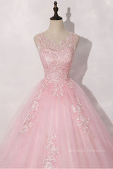 Wedding Guest Dress Summer, Pink round neck tulle lace long prom dress pink tulle formal dress