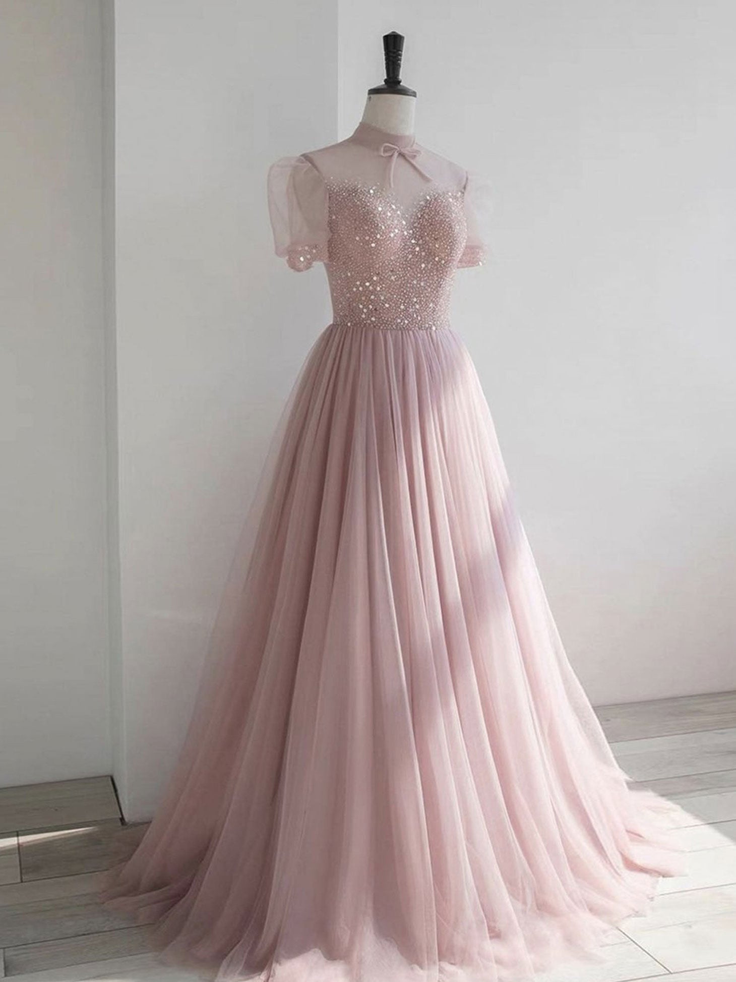 Bridesmaids Dress Blush, Pink round neck tulle sequin long prom dress, pink tulle formal dress