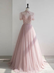 Bridesmaids Dresses Winter, Pink round neck tulle sequin long prom dress, pink tulle formal dress