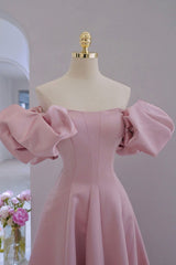 Prom Dresses Shop, Pink Satin Long A-Line Prom Dress, Pink Puff Sleeves Formal Evening Dress