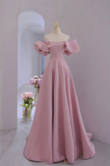 Prom Dressed Long, Pink Satin Long A-Line Prom Dress, Pink Puff Sleeves Formal Evening Dress