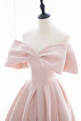 Evening Dress Cheap, Pink Satin Long Prom Dress, Cute Off Shoulder Evening Dress