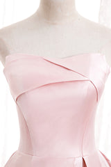 Formal Dress Wedding, Pink Satin Long Prom Dress with Pearls, Pink Strapless Evening Dress