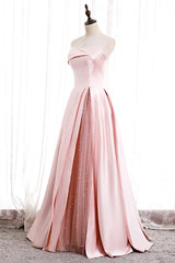 Formal Dresses Wedding, Pink Satin Long Prom Dress with Pearls, Pink Strapless Evening Dress