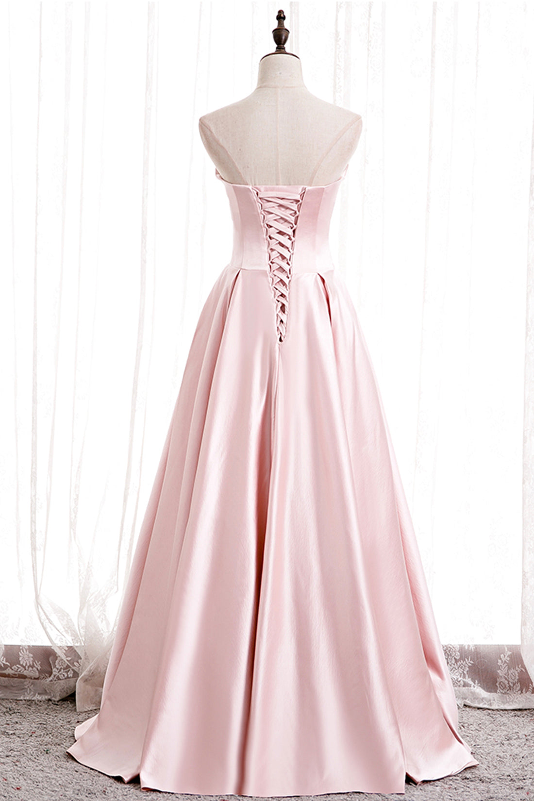 Formal Dress Websites, Pink Satin Long Prom Dress with Pearls, Pink Strapless Evening Dress