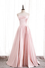 Formal Dress Idea, Pink Satin Long Prom Dress with Pearls, Pink Strapless Evening Dress